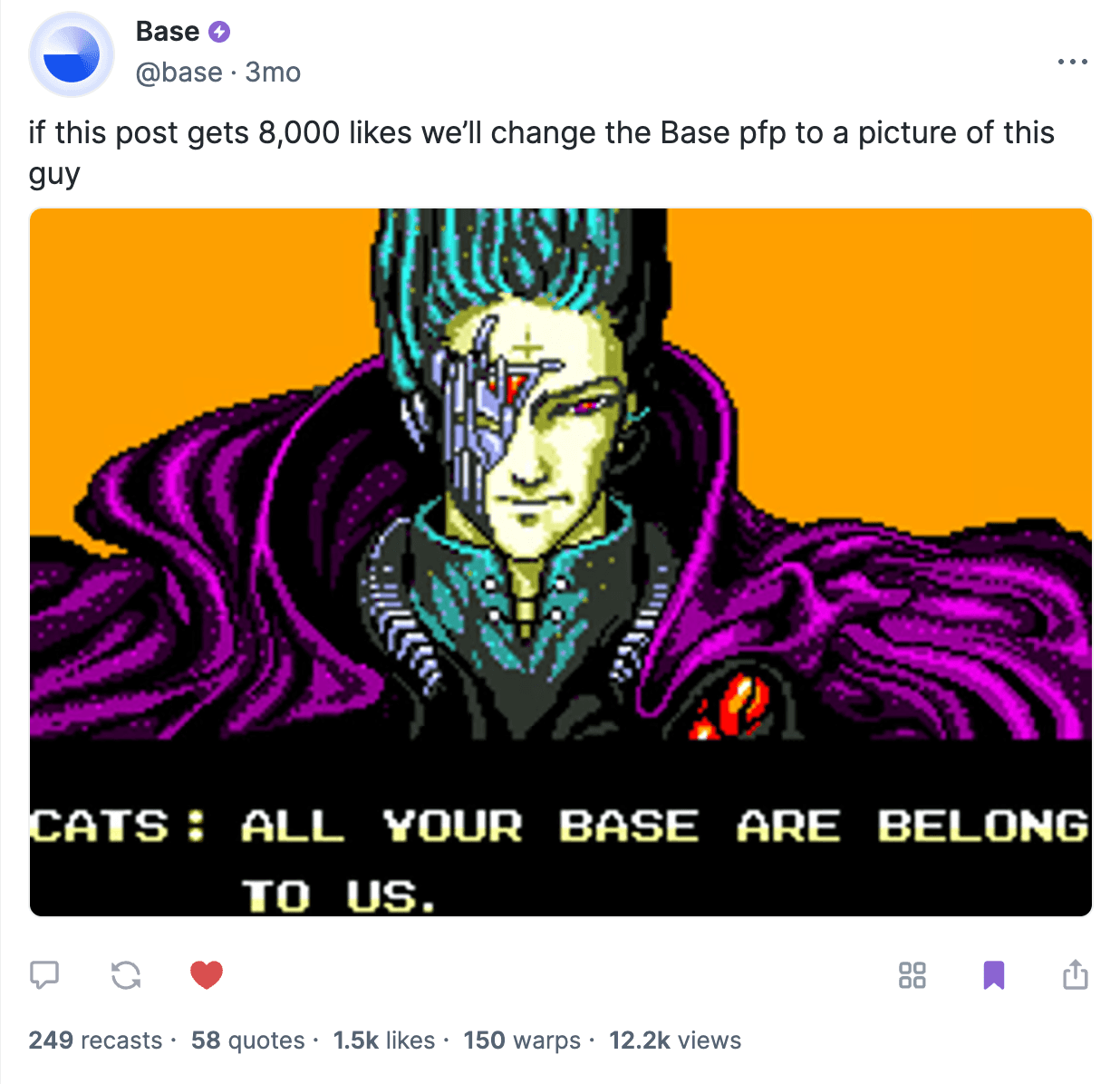 Base's post: 'if this post gets 8,000 likes we'll change the Base pfp to a picture of this guy', over CATS from Zero Wing