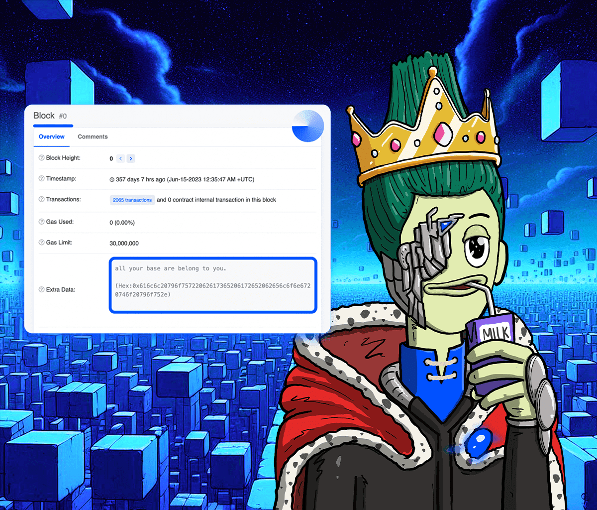 Base's genesis block on BaseScan, its extra data reading 'all your base are belong to you', next to the crowned AYB character