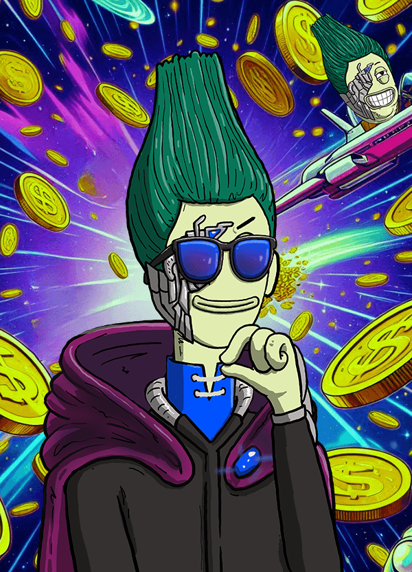 The AYB character in sunglasses in a storm of gold coins