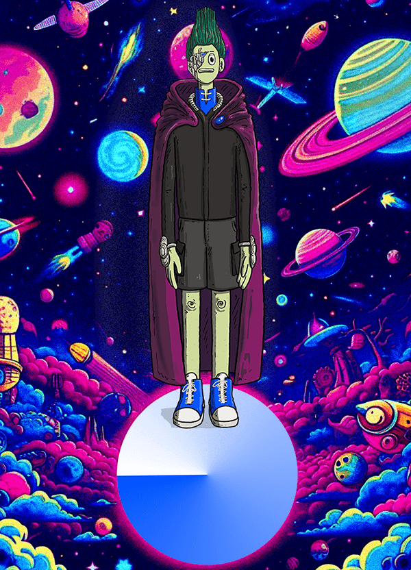 The AYB character standing on the Base logo among neon planets